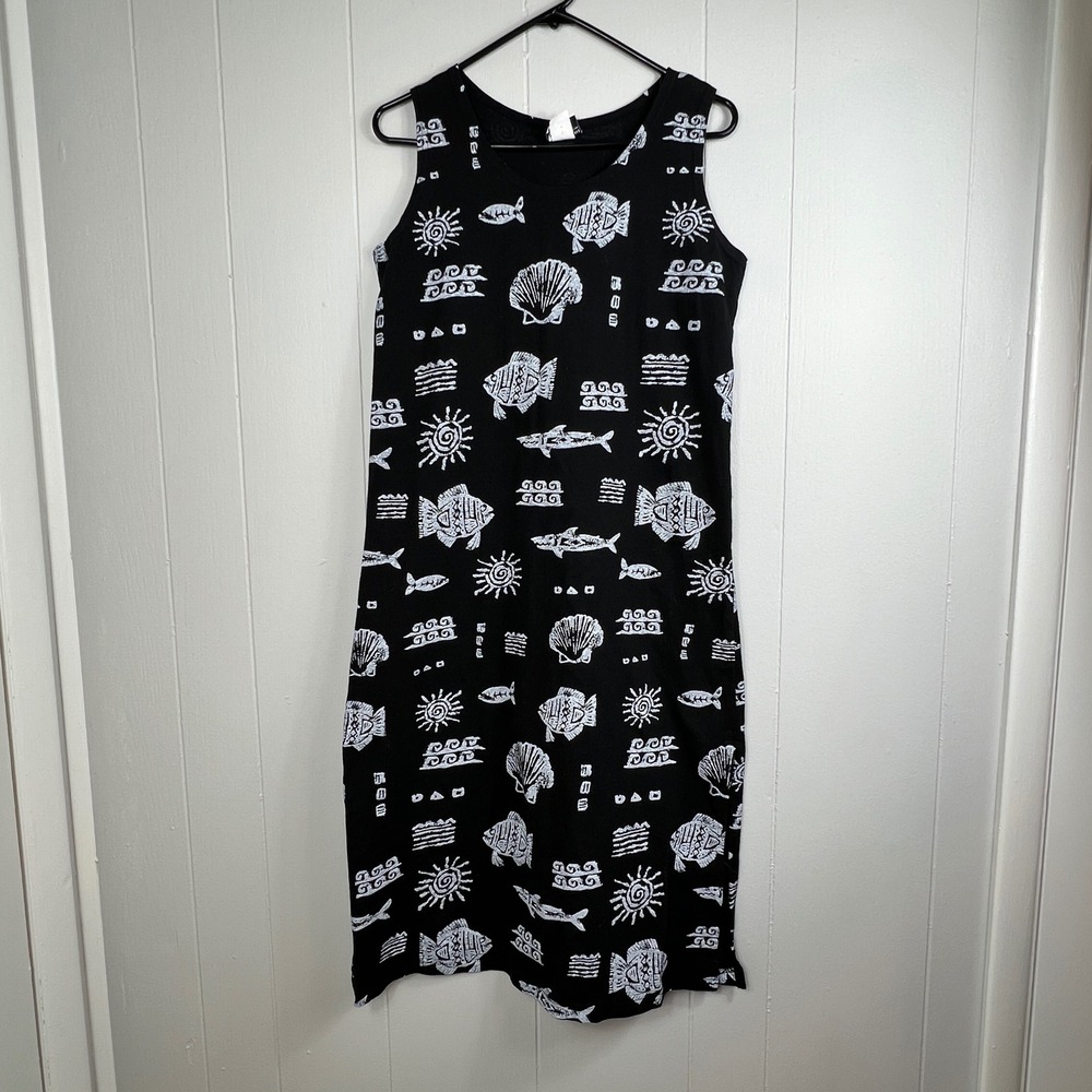 5th & Ocean Small Dress Black Sleeveless‎ Fish Seashell Print Maxi